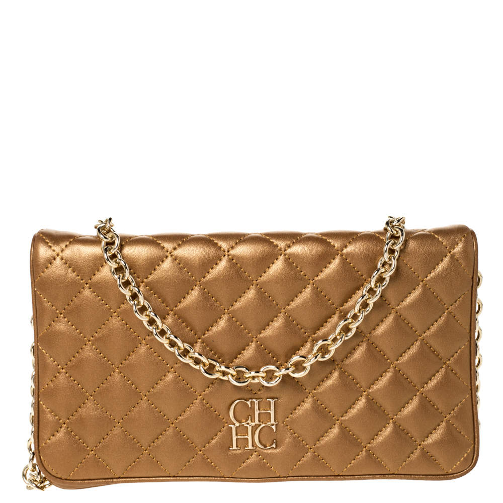 Pre Owned Carolina Herrera Gold Quilted Leather Chain Clutch