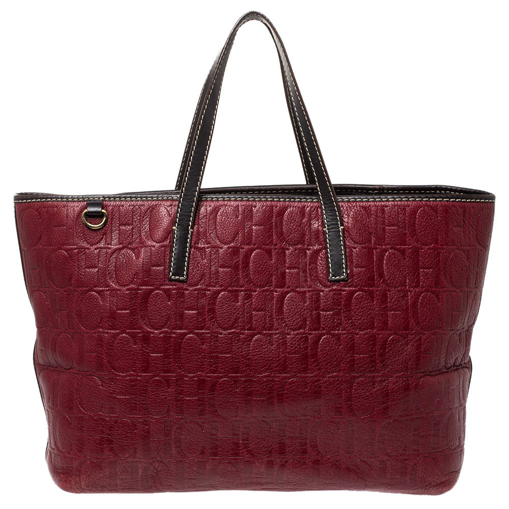 Pre Owned Carolina Herrera Burgundy Monogram Leather Shopper Tote