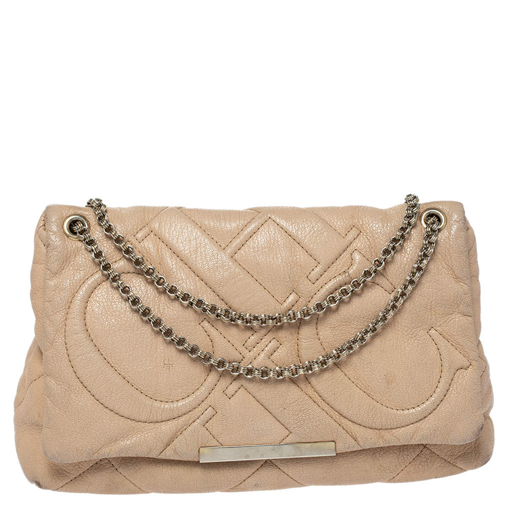 Pre Owned Carolina Herrera Beige Leather Flap Chain Shoulder Bag