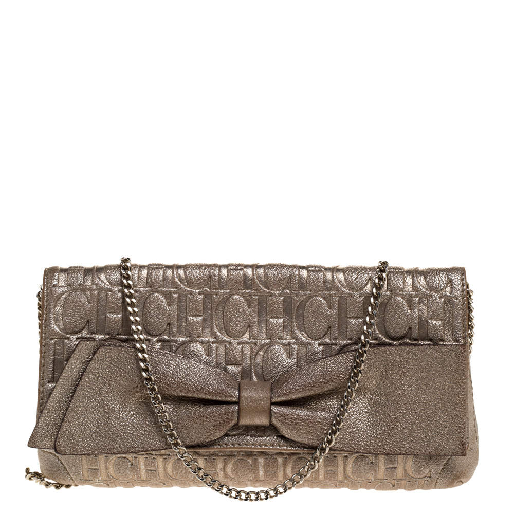 Pre Owned Carolina Herrera Gold Monogram Leather Bow Chain Clutch