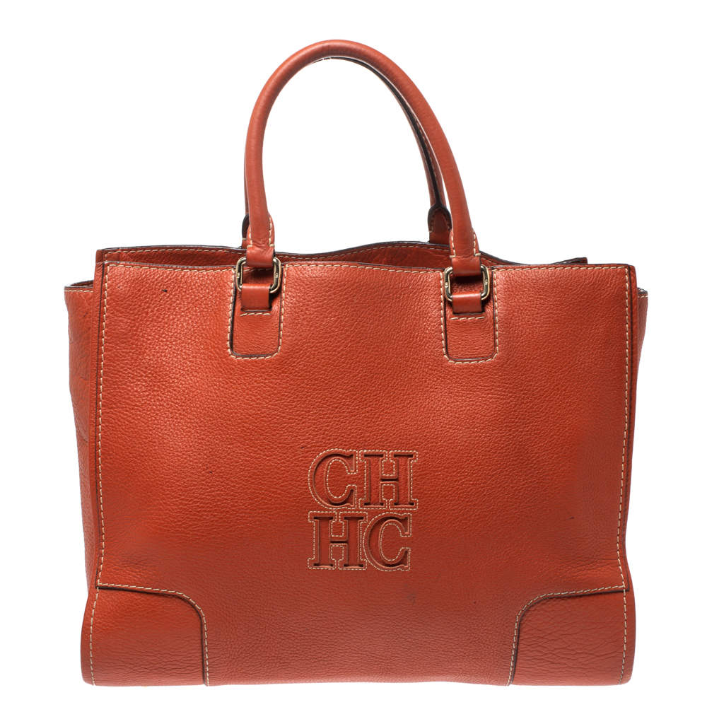 Pre Owned Carolina Herrera Orange Leather Shopper Tote