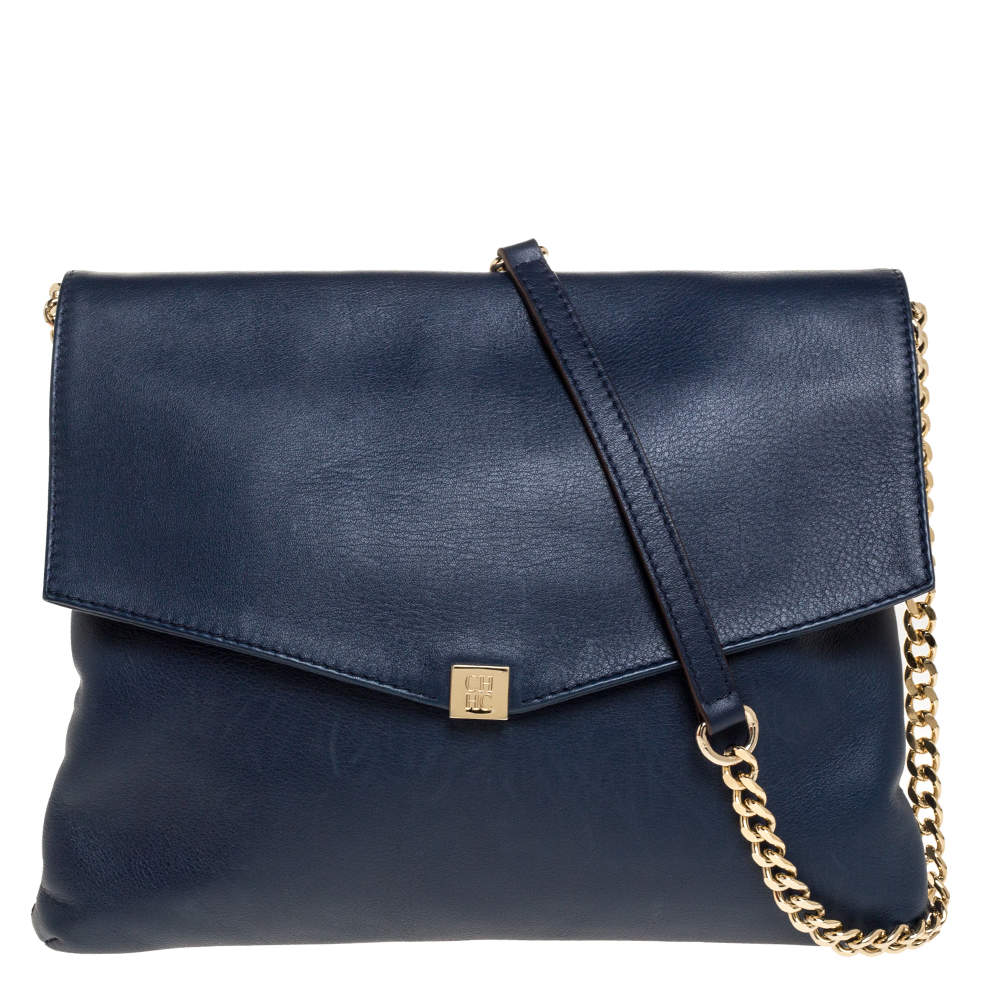 Carolina Herrera Navy Blue Leather Envelope Shoulder Bag