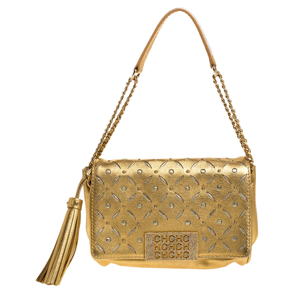 Pre Owned Carolina Herrera Metallic Gold Leather Embellished Shoulder Bag