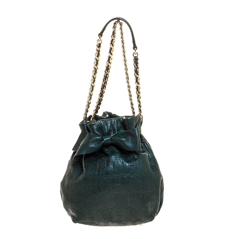 Pre Owned Carolina Herrera Dark Green Monogram Embossed Leather Bow Bucket Shoulder Bag