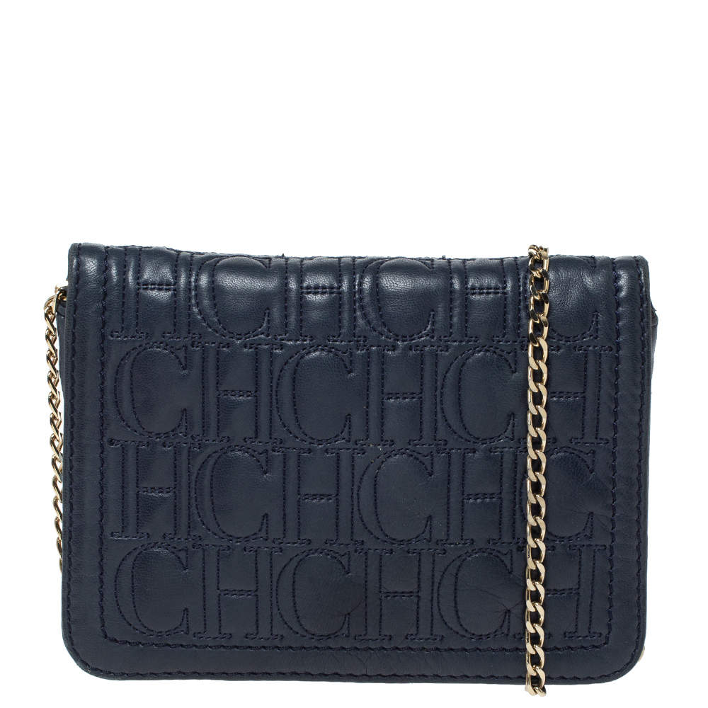 Pre Owned Carolina Herrera Blue Leather Crossbody Bag