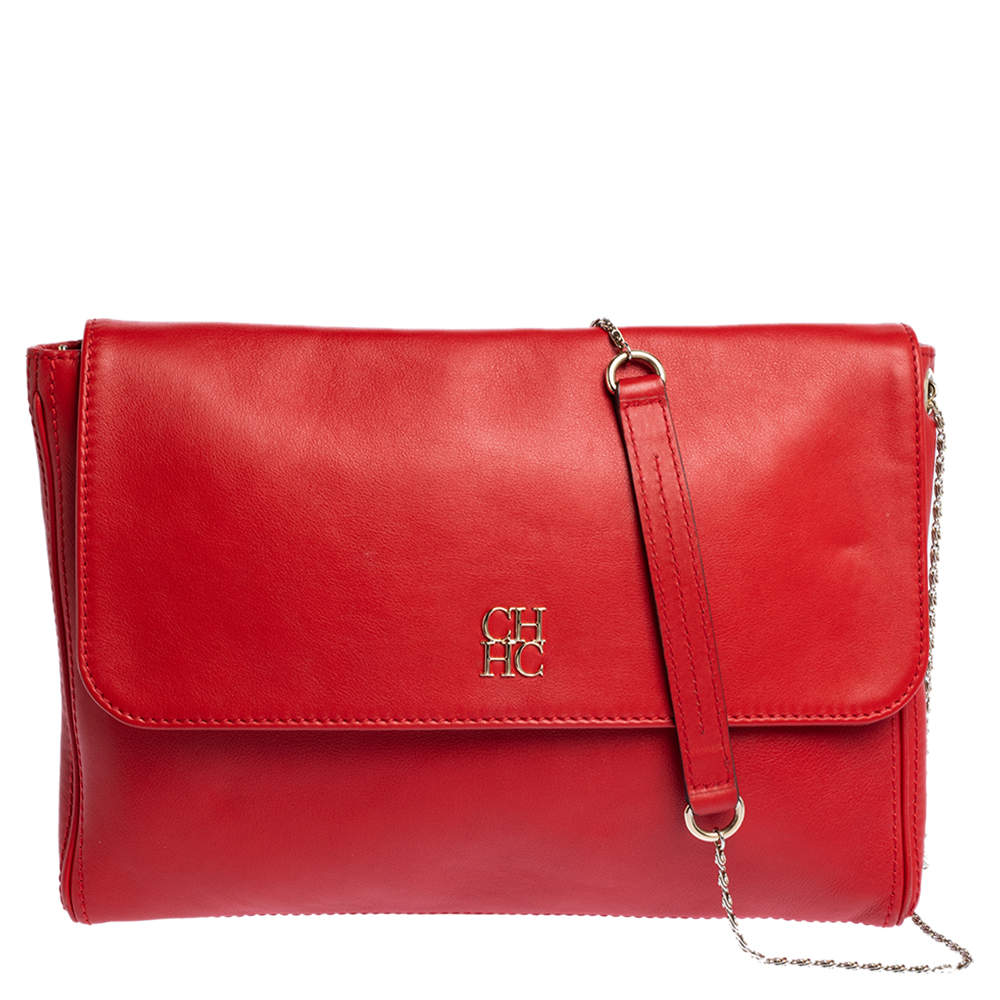 Pre Owned Carolina Herrera Red Leather Flap Shoulder Bag