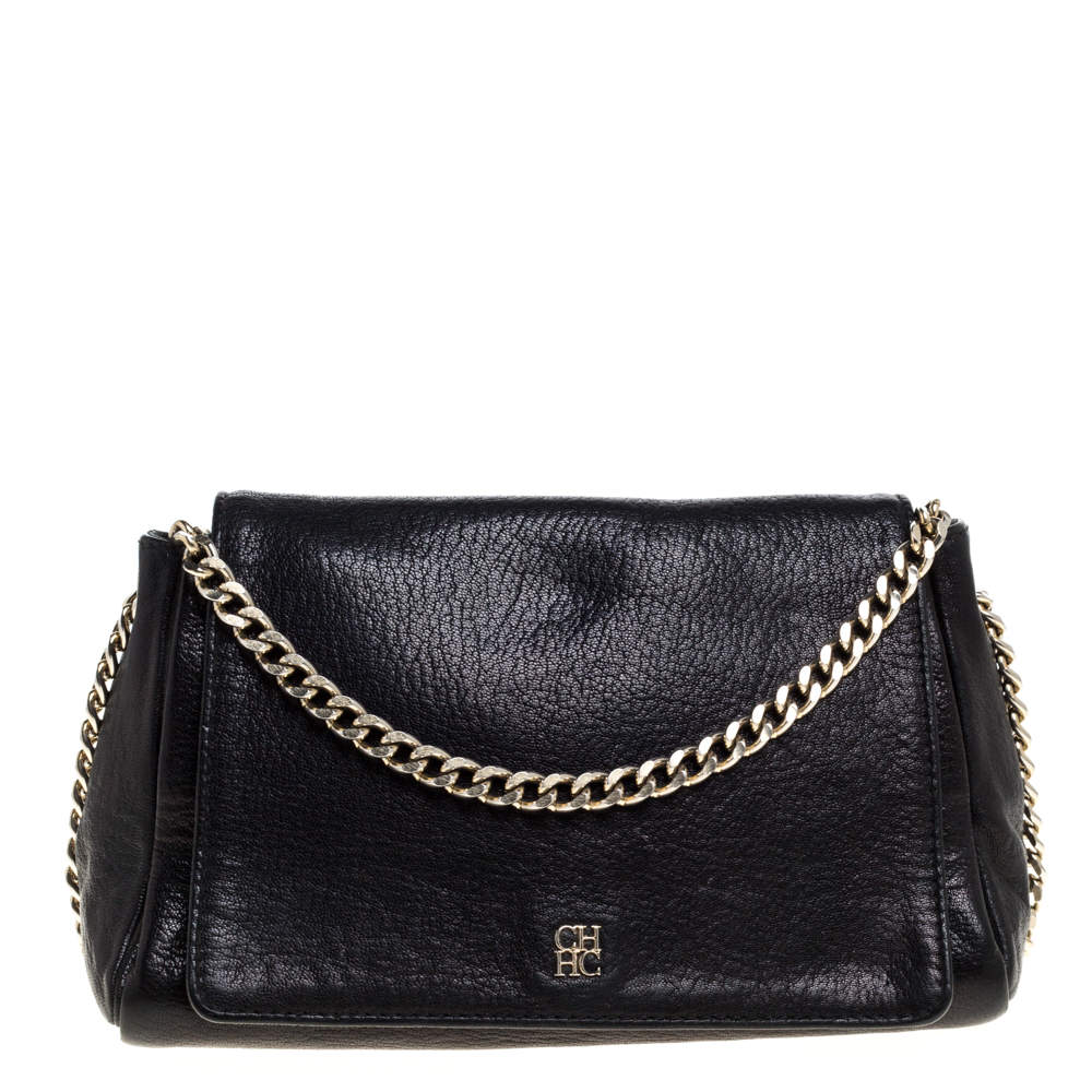 Pre Owned Carolina Herrera Black Leather Flap Shoulder Bag