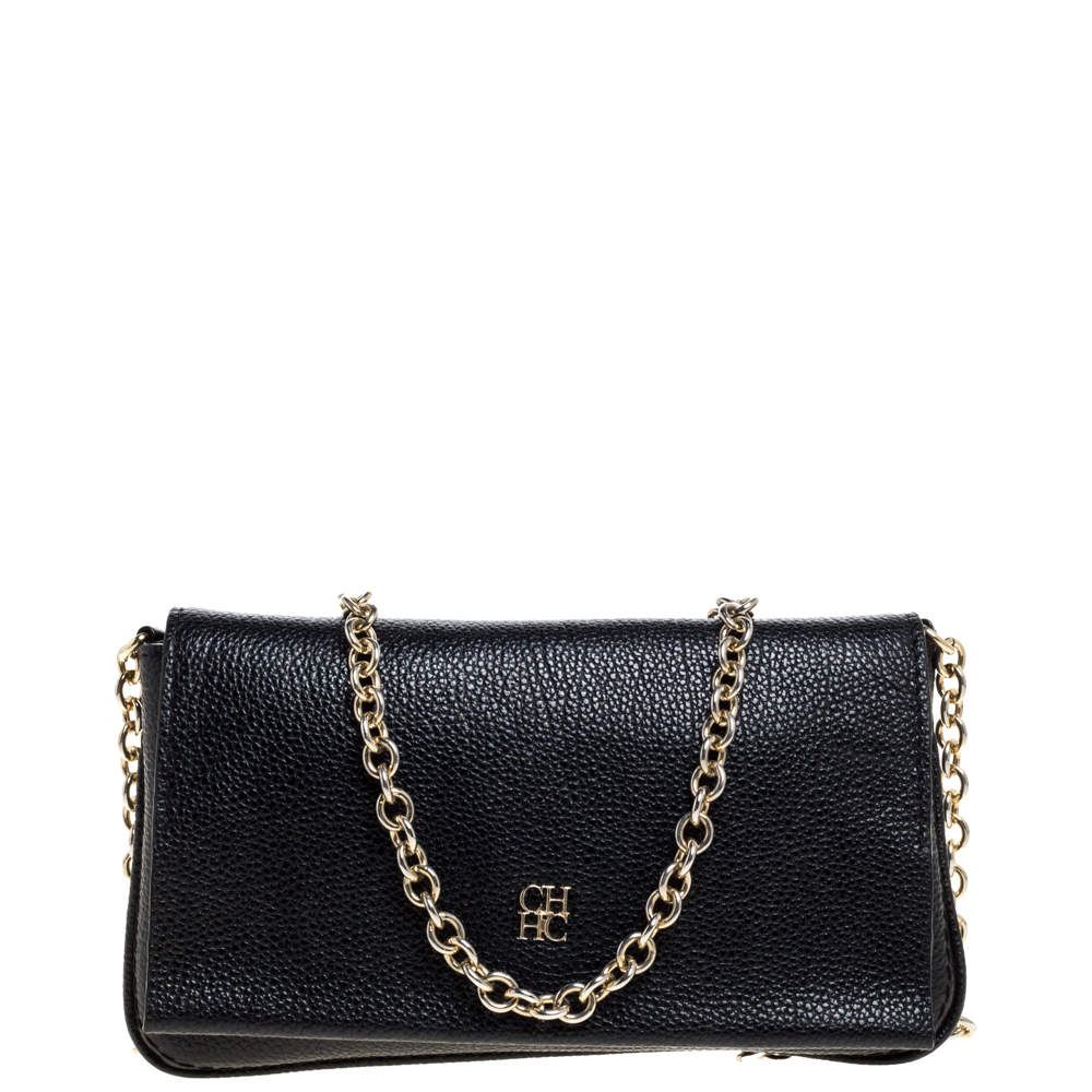Pre Owned Carolina Herrera Black Leather Chain Flap Shoulder Bag