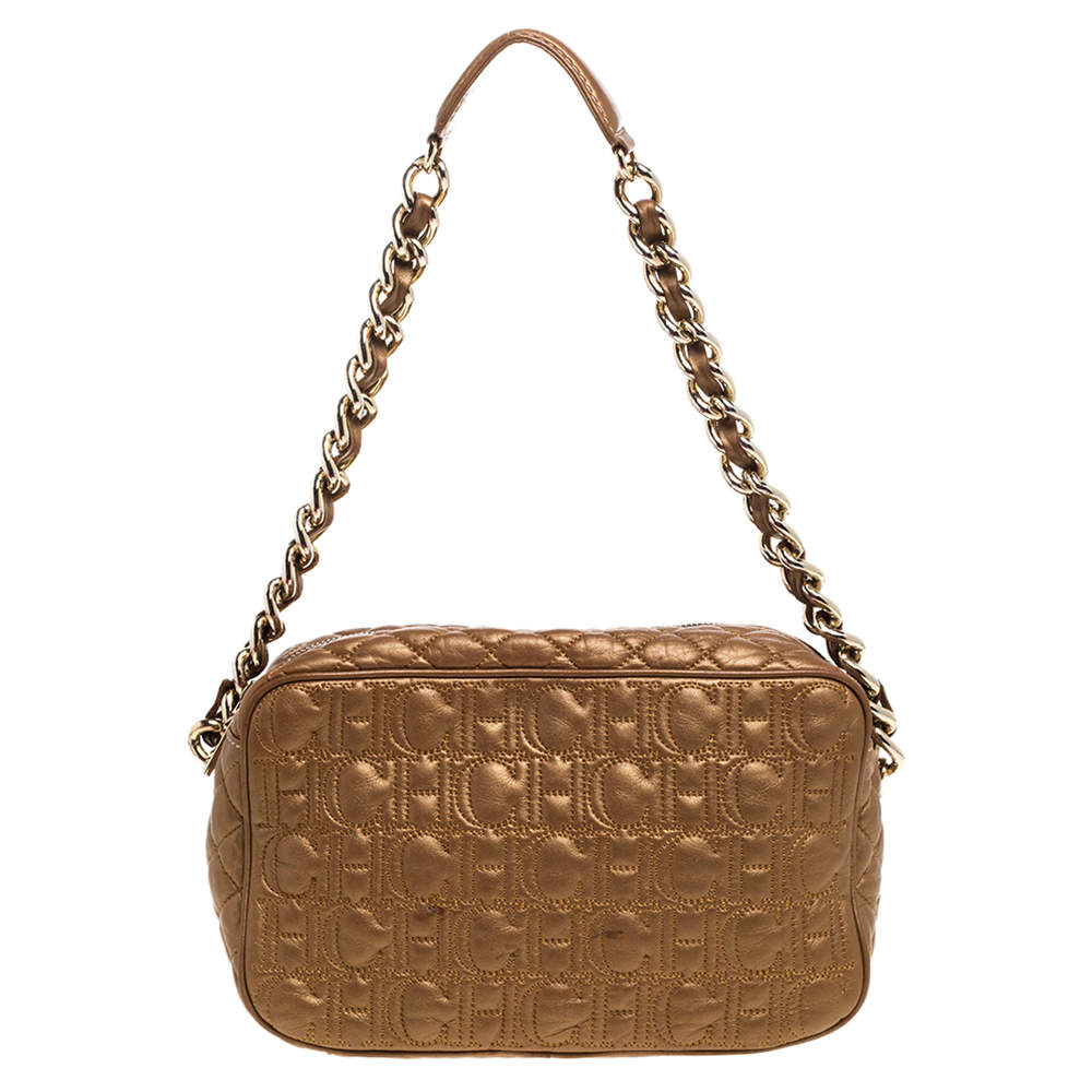 Pre Owned Carolina Herrera Bronze Leather Monogram Camera Bag