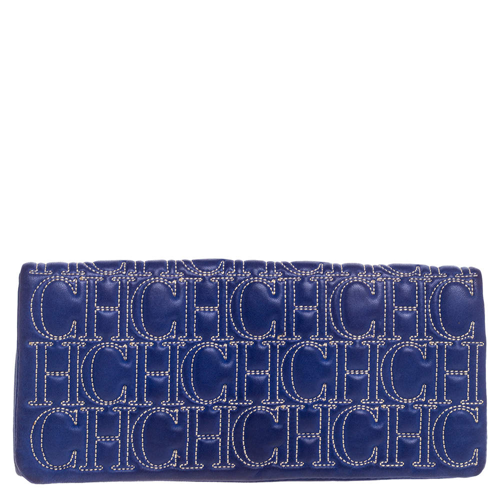 Carolina Herrera Blue Monogram Leather Jerry Clutch 