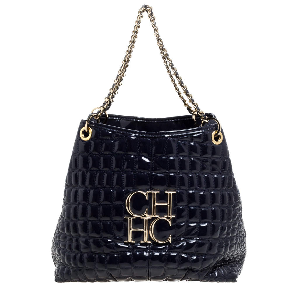 Pre Owned Carolina Herrera Purple Croc Embossed Patent Leather Tote