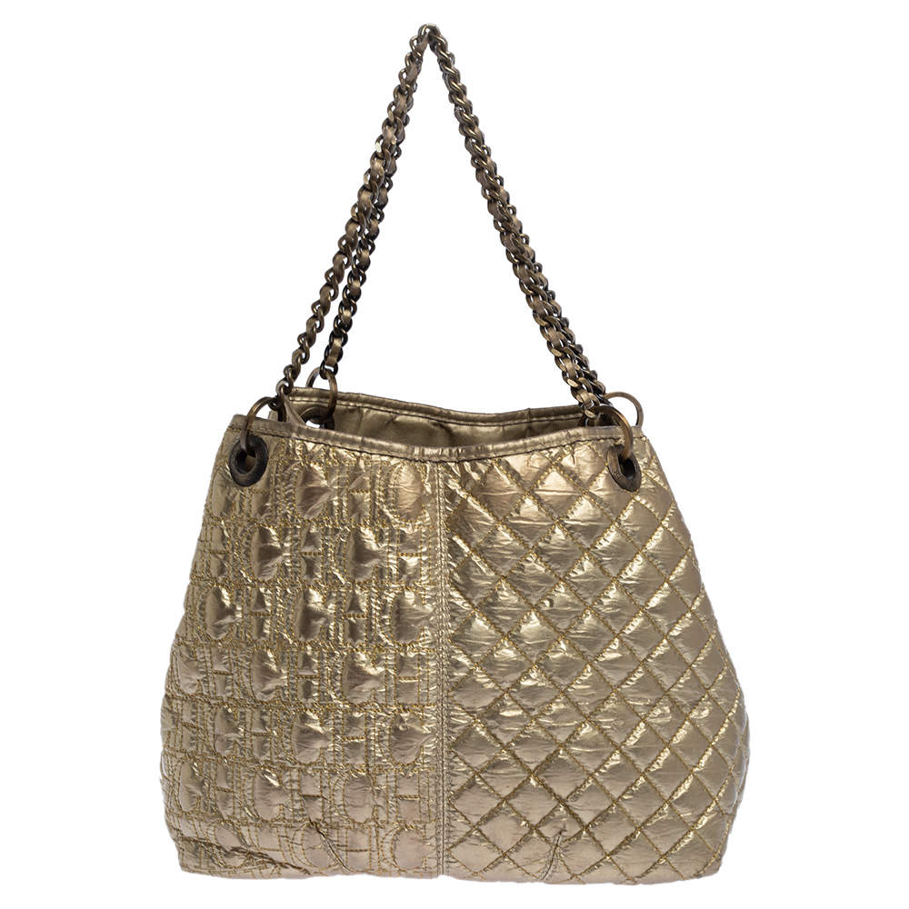 Pre Owned Carolina Herrera Metallic Gold Quilted Signature Leather Chain Tote