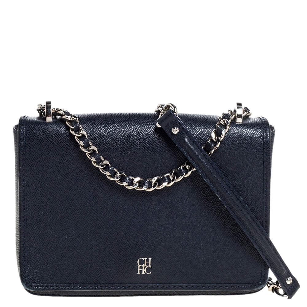 Pre Owned Carolina Herrera Navy Blue Leather Flap Shoulder Bag