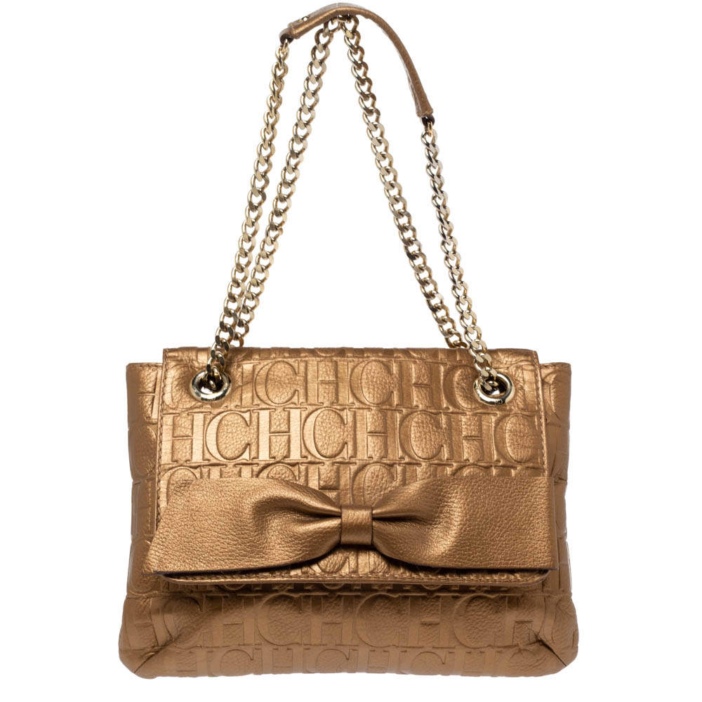 Pre Owned Carolina Herrera Metallic Bronze Monogram Leather Audrey Shoulder Bag