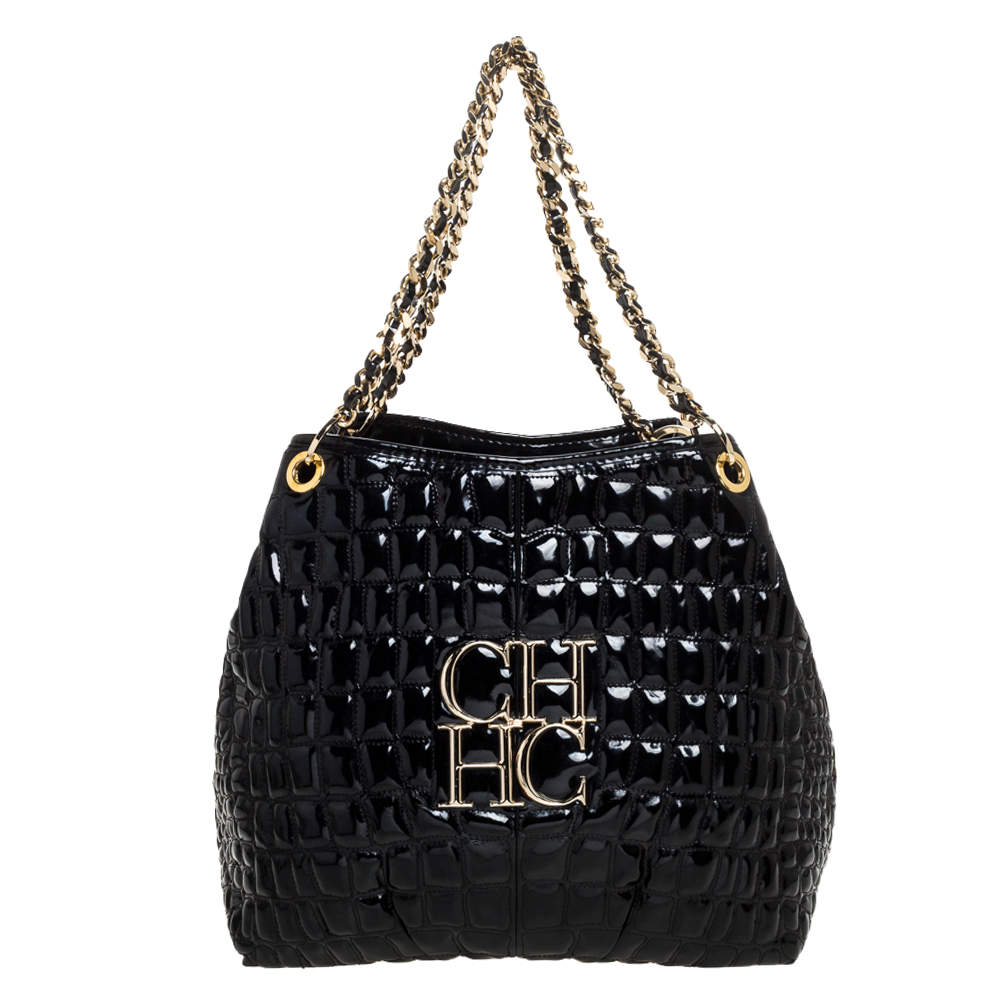 Pre Owned Carolina Herrera Black Croc Embossed Patent Leather Tote