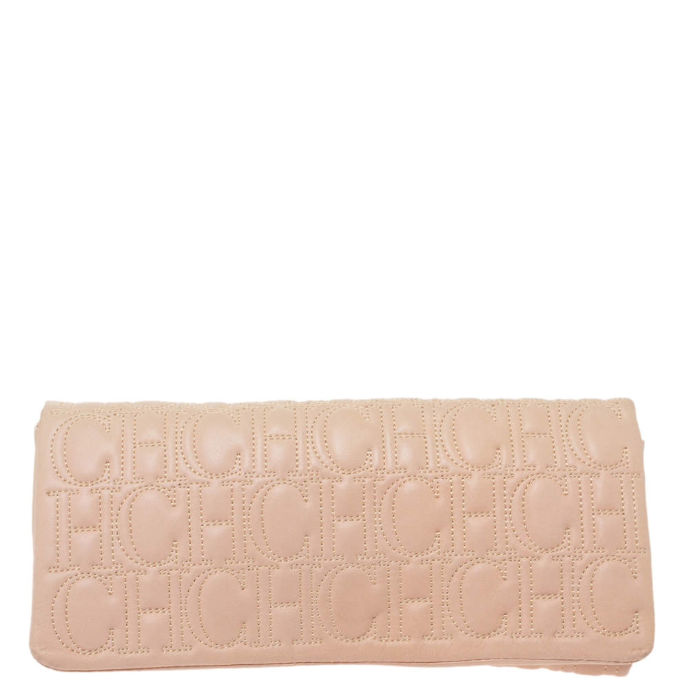 Pre Owned Carolina Herrera Peach Monogram Leather Jerry Clutch