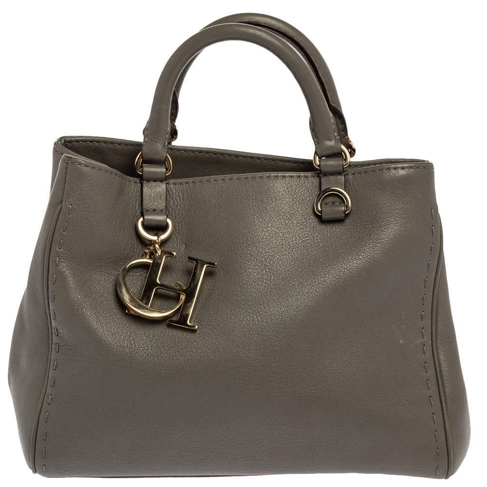 Pre Owned Carolina Herrera Grey Leather Charm Tote