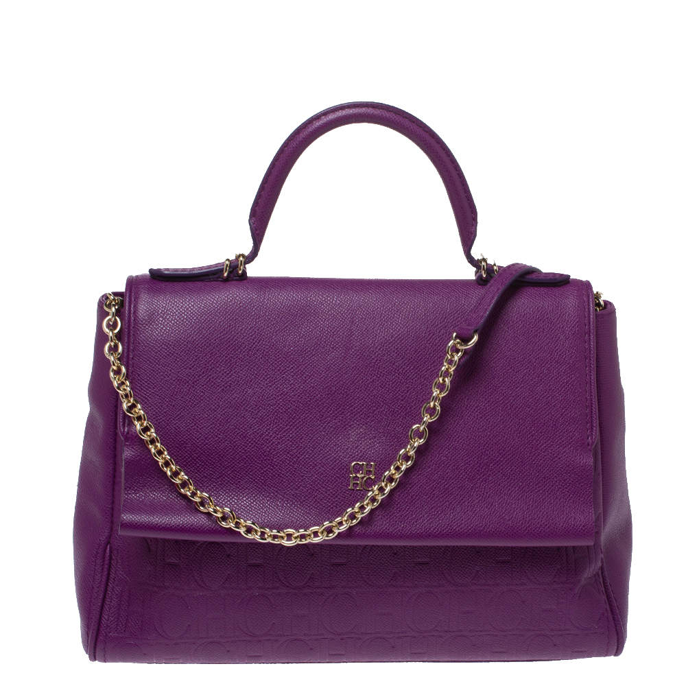 Pre Owned Carolina Herrera Purple Leather Minuetto Flap Top Handle Bag