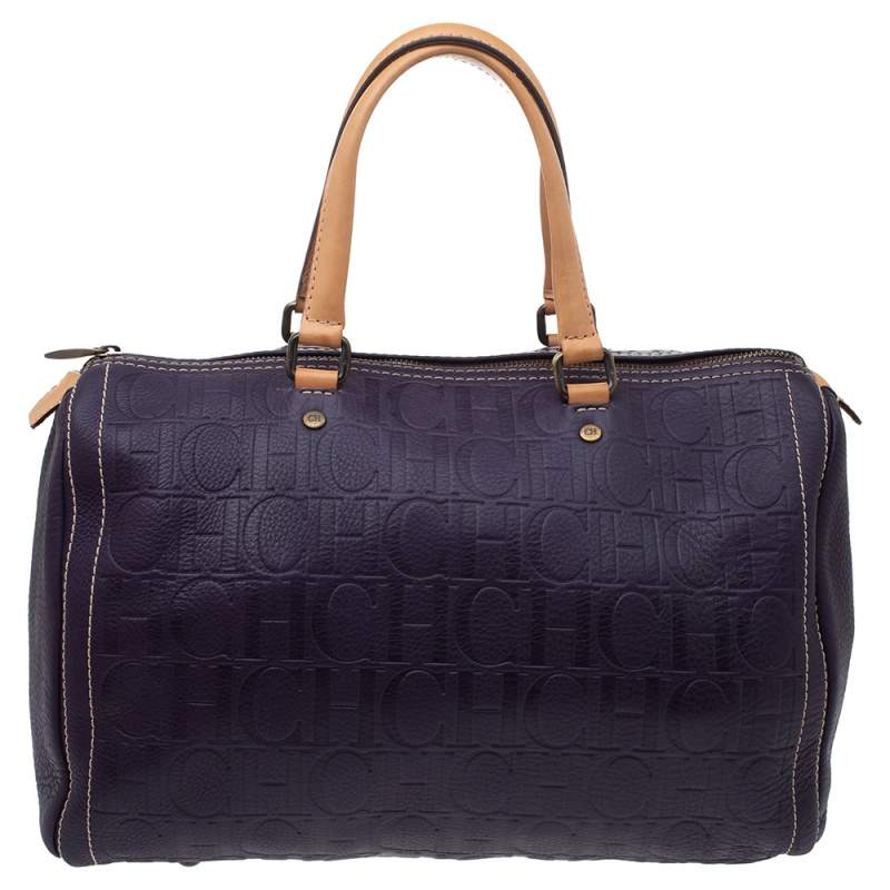 Pre Owned Carolina Herrera Dark Purple/Tan Monogram Leather Large Andy Boston Bag