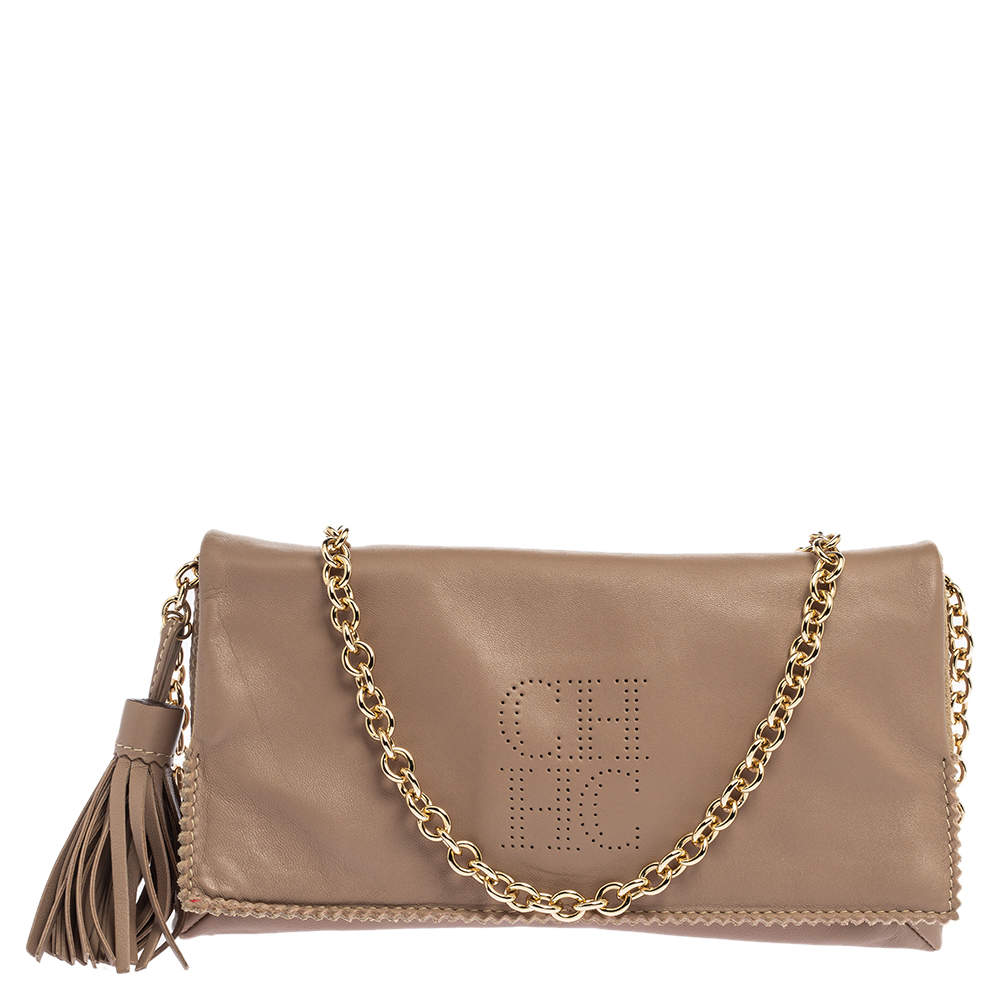 Pre Owned Carolina Herrera Beige Leather Flap Crossbody Bag