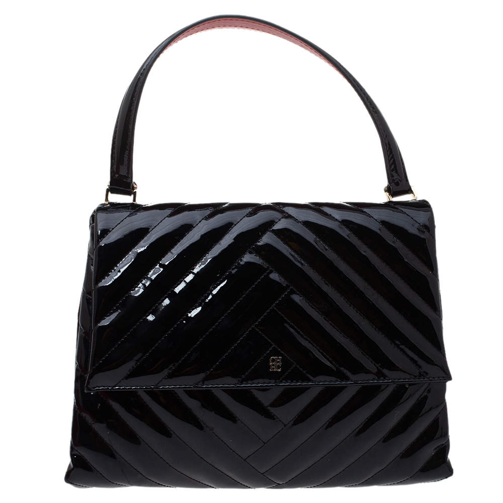 Pre Owned Carolina Herrera Black Leather Flap Top Handle Bag