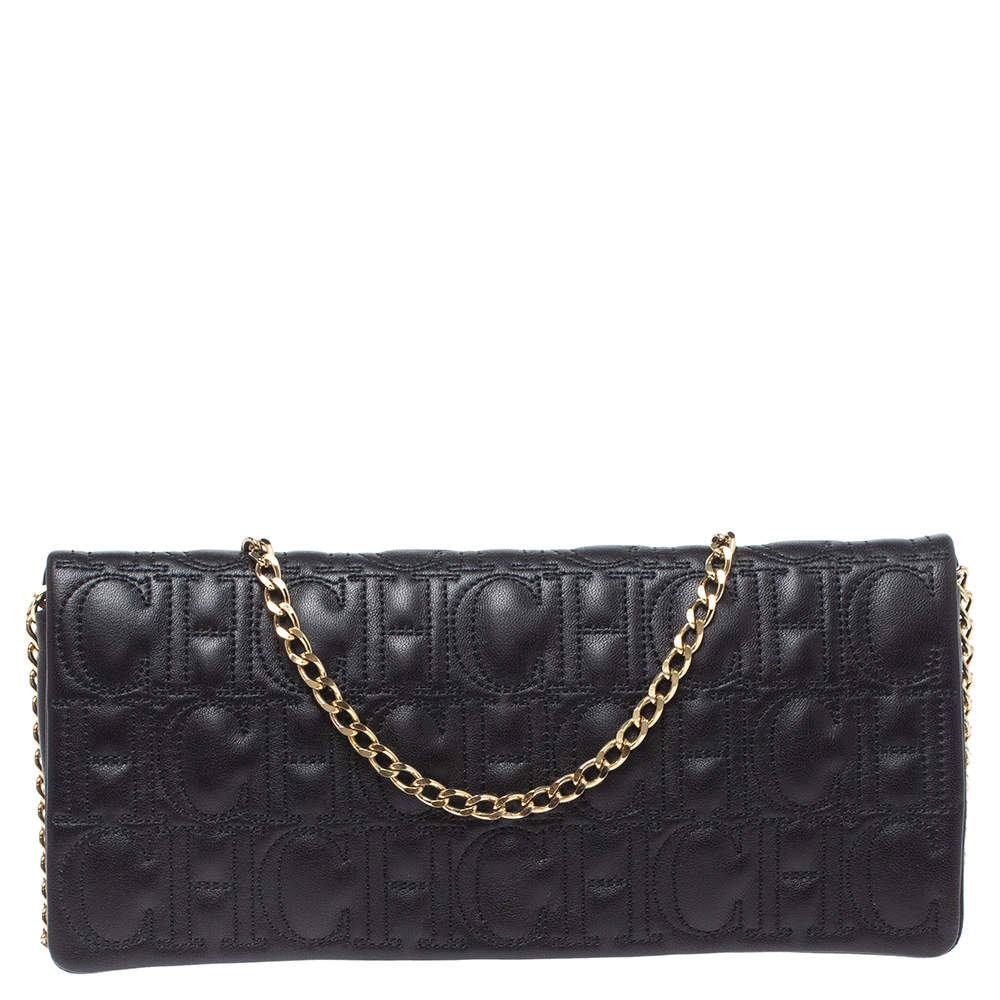 Pre Owned Carolina Herrera Black Monogram Leather Jerry Chain Clutch