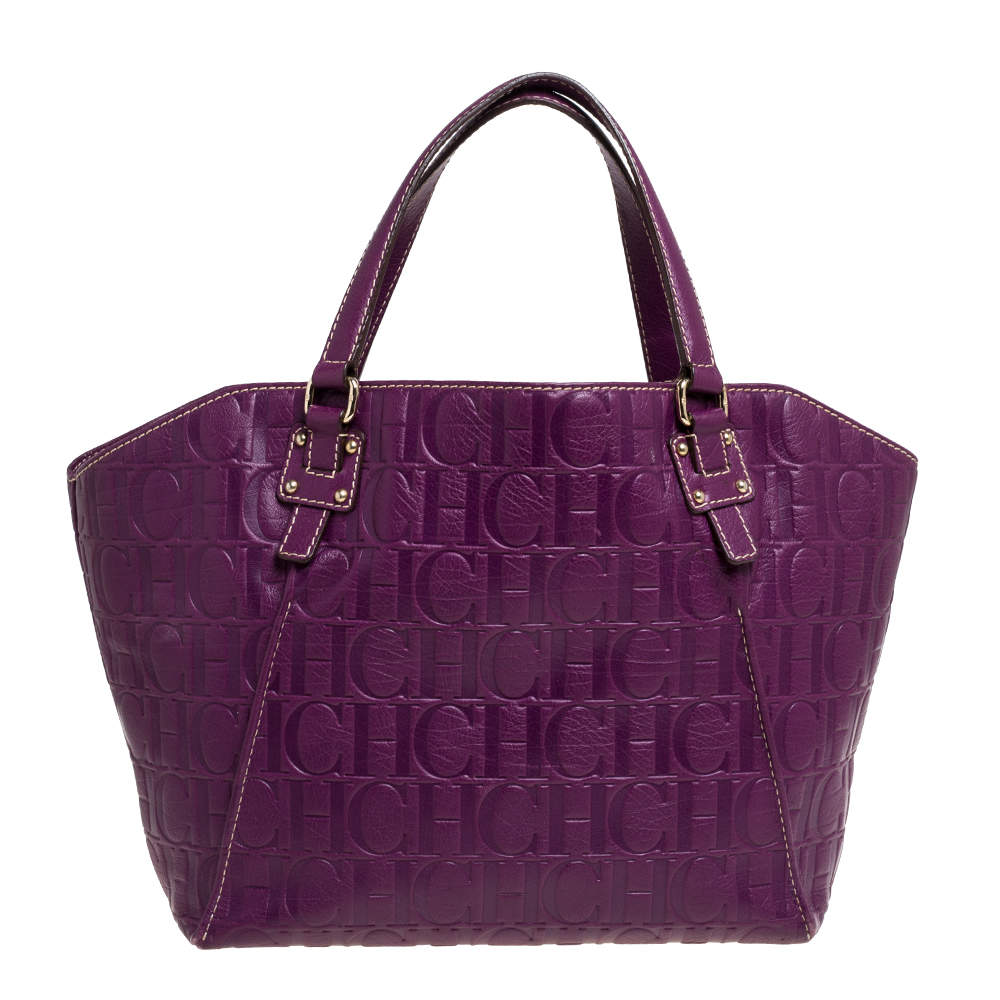 Pre Owned Carolina Herrera Purple Embossed Leather Open Tote