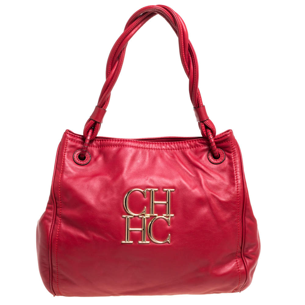 Pre Owned Carolina Herrera Red CH Logo Braided Handle Shoulder Bag