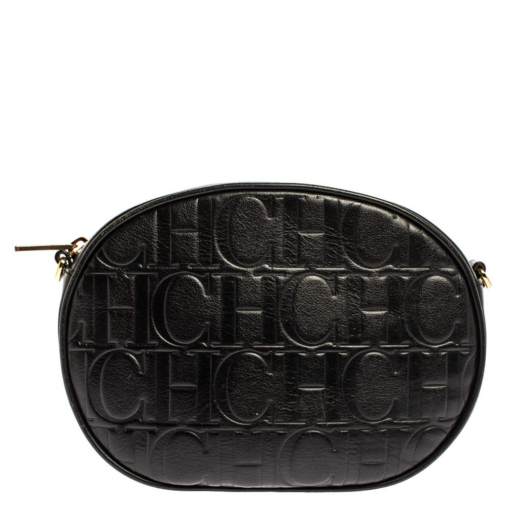 Pre Owned Carolina Herrera Black Embossed Leather Oval Shoulder Bag