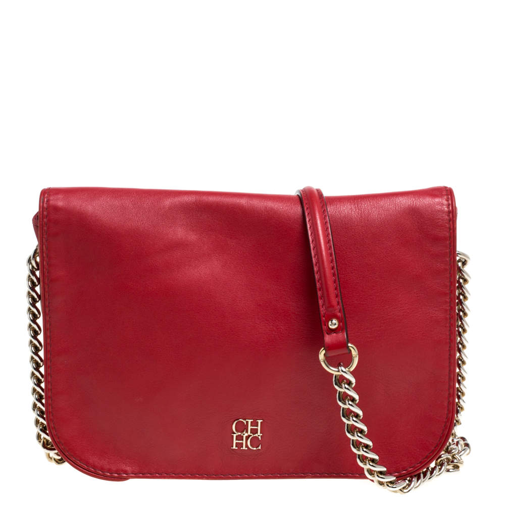Pre Owned Carolina Herrera Red Leather New Baltazar Flap Shoulder Bag