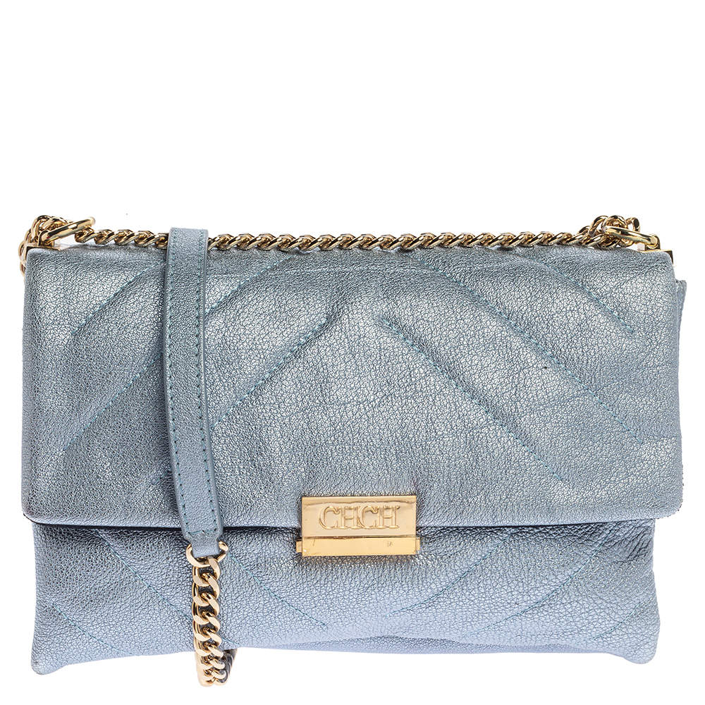 Pre Owned Carolina Herrera Metallic Blue Leather Flap Shoulder Bag