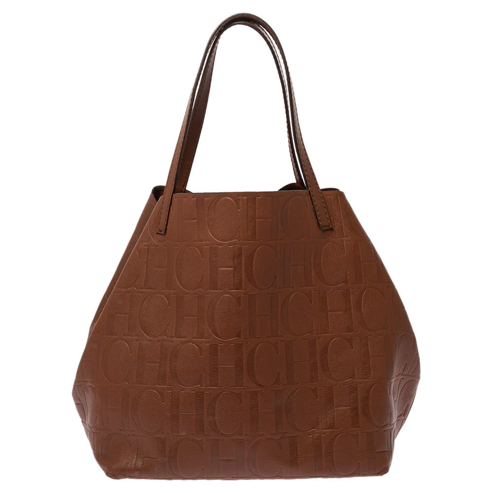 Pre Owned Carolina Herrera Brown Monogram Leather Matryoshka Tote