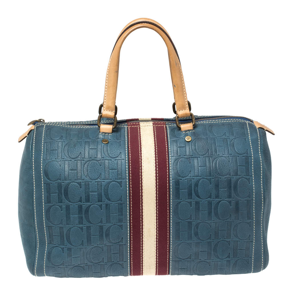 Pre Owned Carolina Herrera Blue Monogram Leather Large Andy Boston Bag