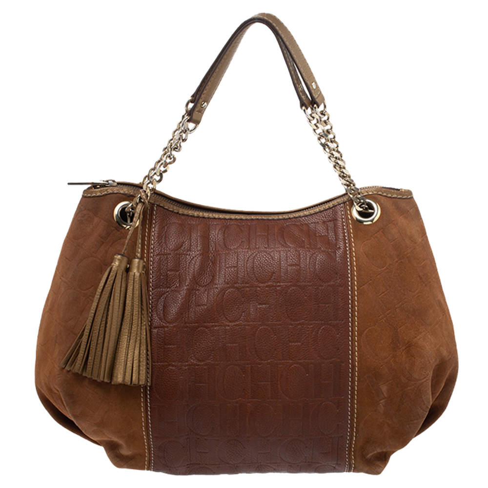 Pre Owned Carolina Herrera Brown Monogram Suede and Leather Chain Hobo