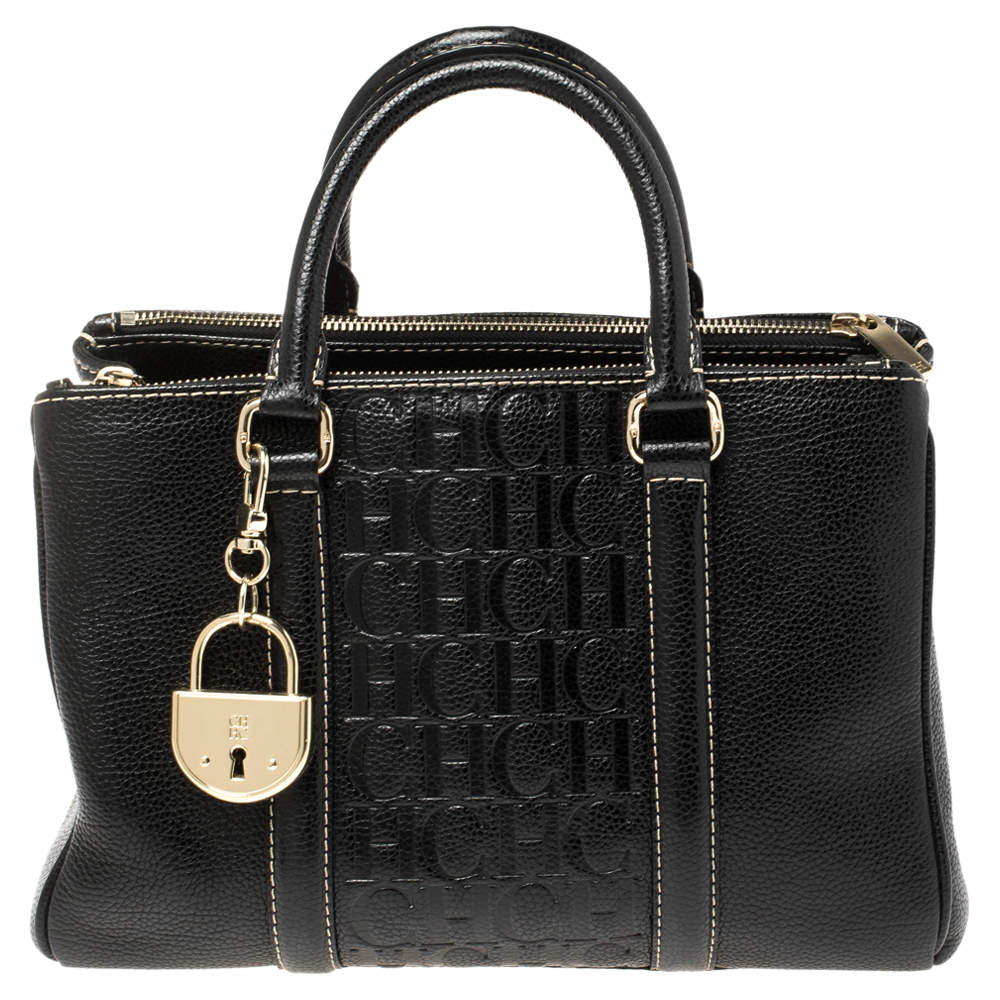 Pre Owned Carolina Herrera Black Monogram Leather Andy Tote
