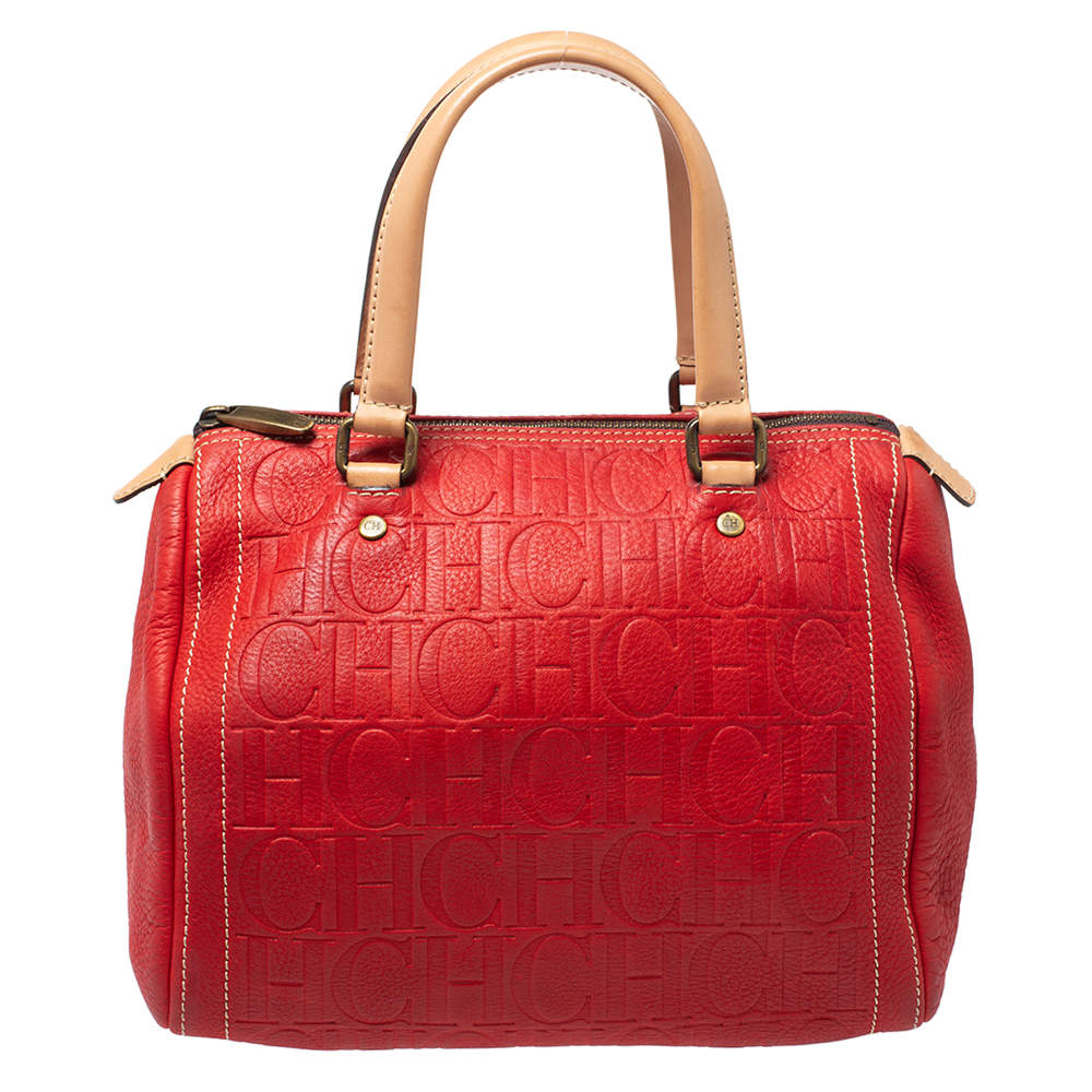 Pre Owned Carolina Herrera Red/Beige Monogram Embossed Leather Andy Satchel