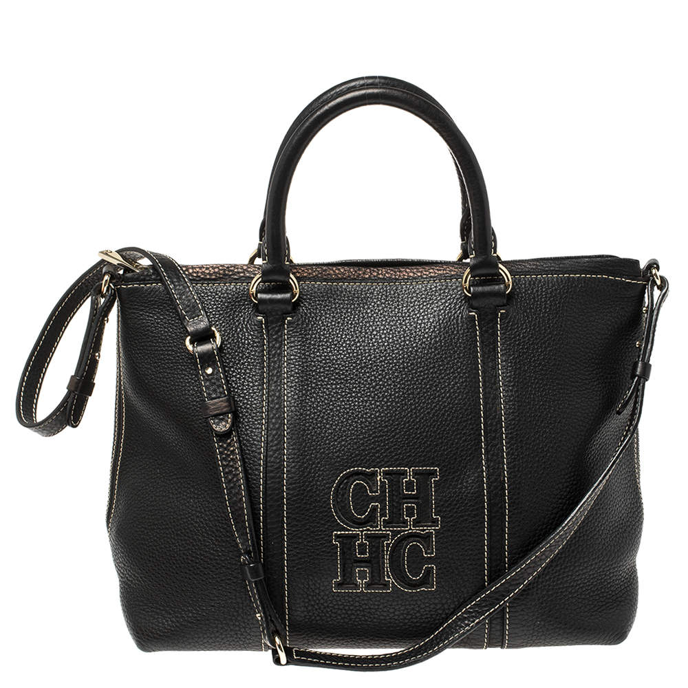 Pre Owned Carolina Herrera Black Leather CHCH Logo Tote