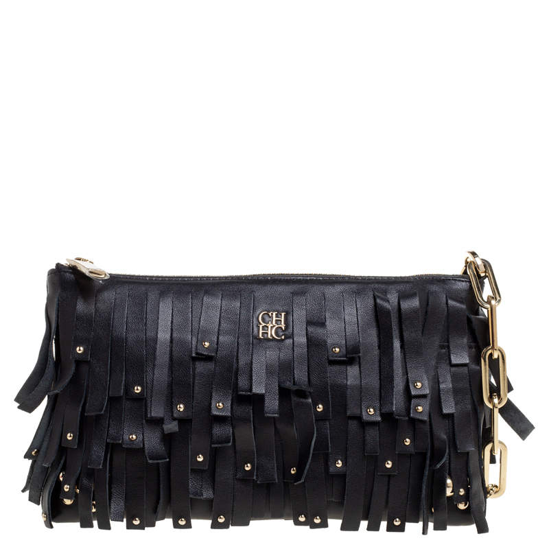 Pre Owned Carolina Hererra Black Leather Fringe Wristlet Clutch