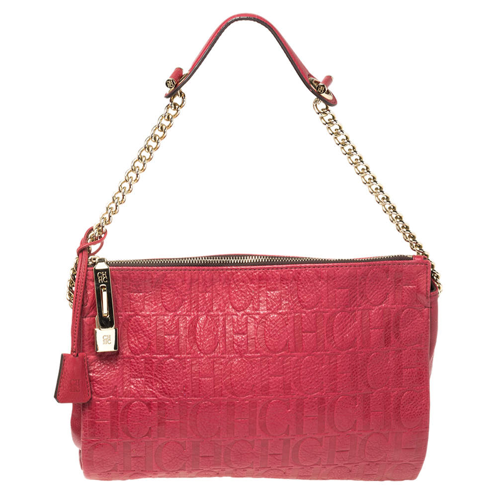 Pre Owned Carolina Herrera Red Monogram Leather Shoulder Bag