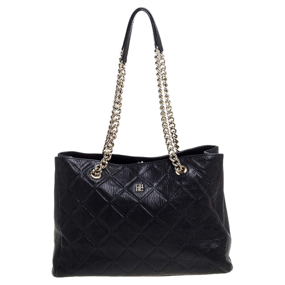 Pre Owned Carolina Herrera Black Quilted Leather Chain Tote