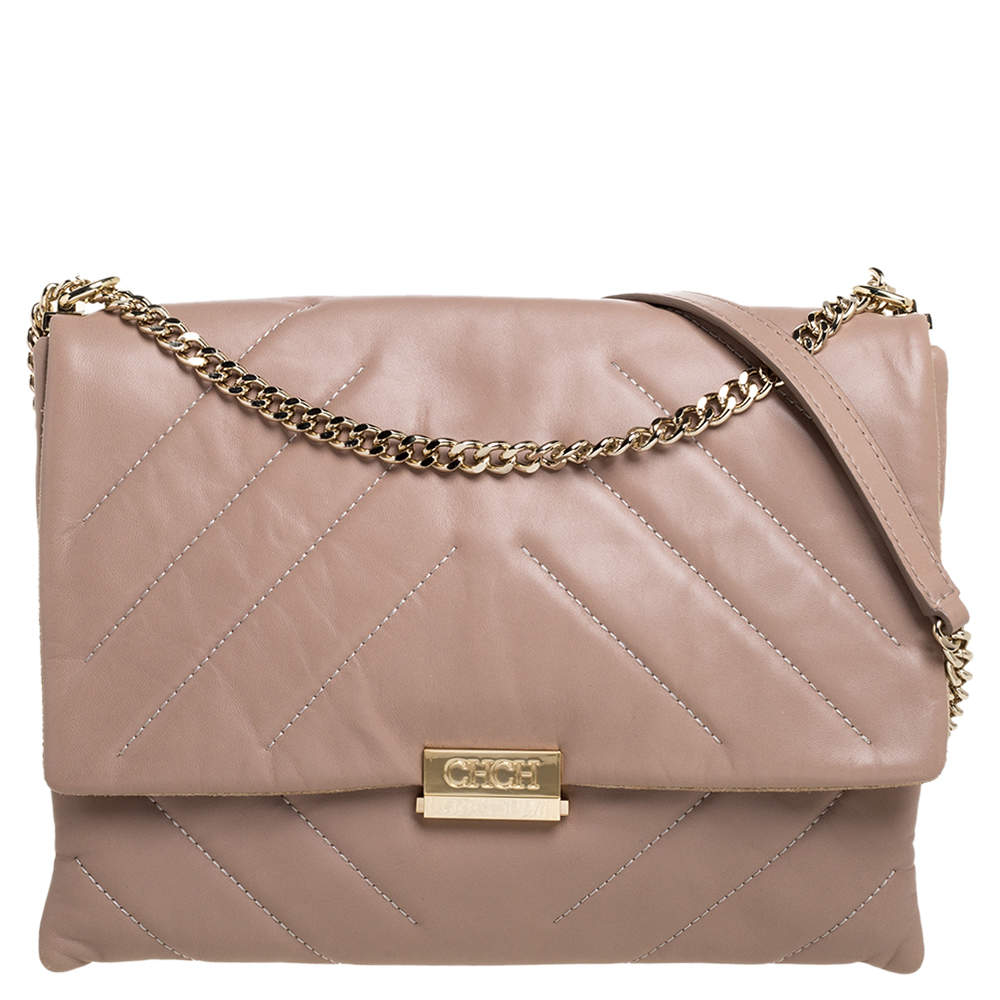 Pre Owned Carolina Herrera Beige Leather Flap Chain Shoulder Bag