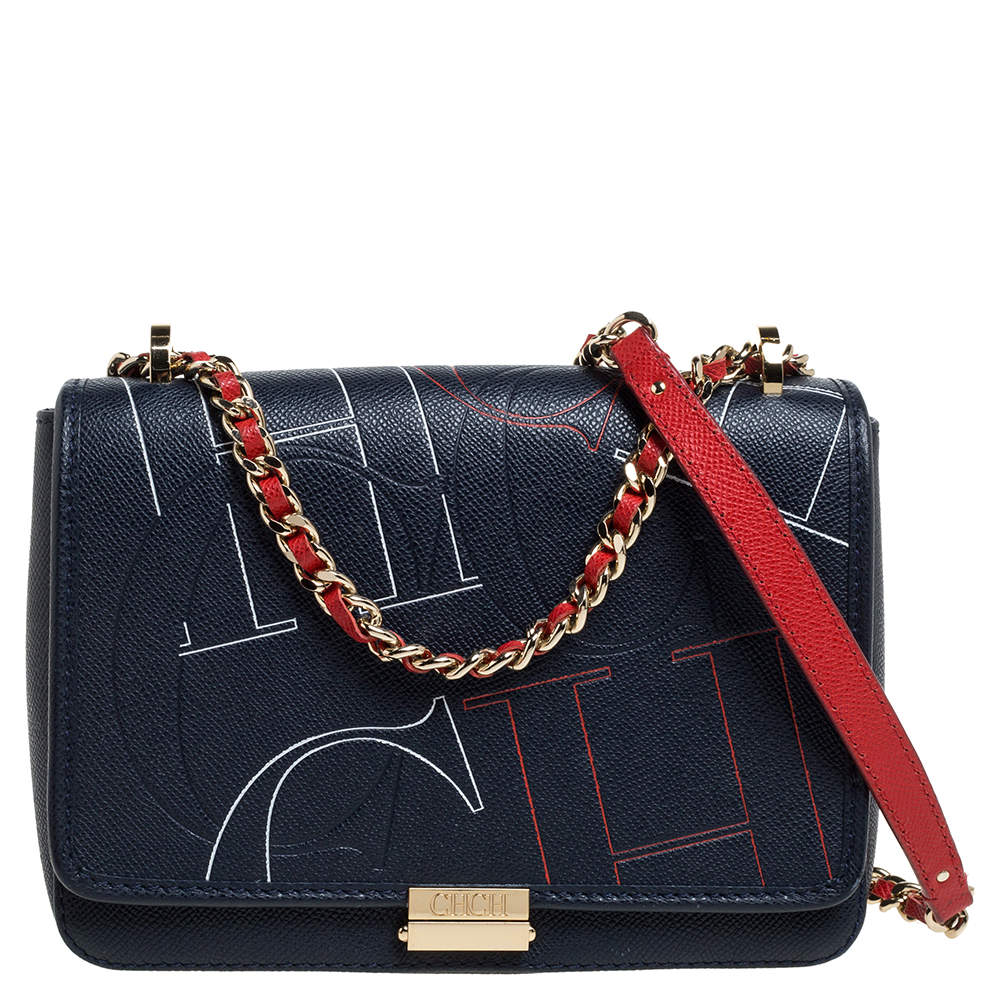 Pre Owned Carolina Herrera Navy Blue Leather Flap Shoulder Bag