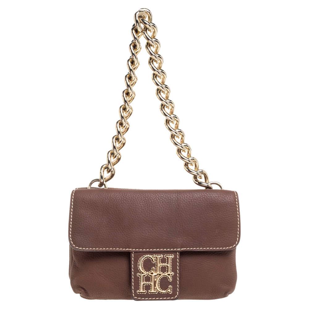 Pre Owned Carolina Herrera Brown Leather Double Flap Chain Bag