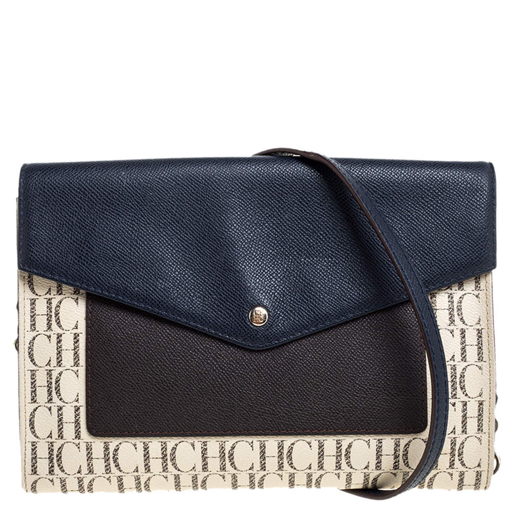 Pre Owned Carolina Herrera Tri Color Monogram Coated Canvas and Leather Crossbody Bag