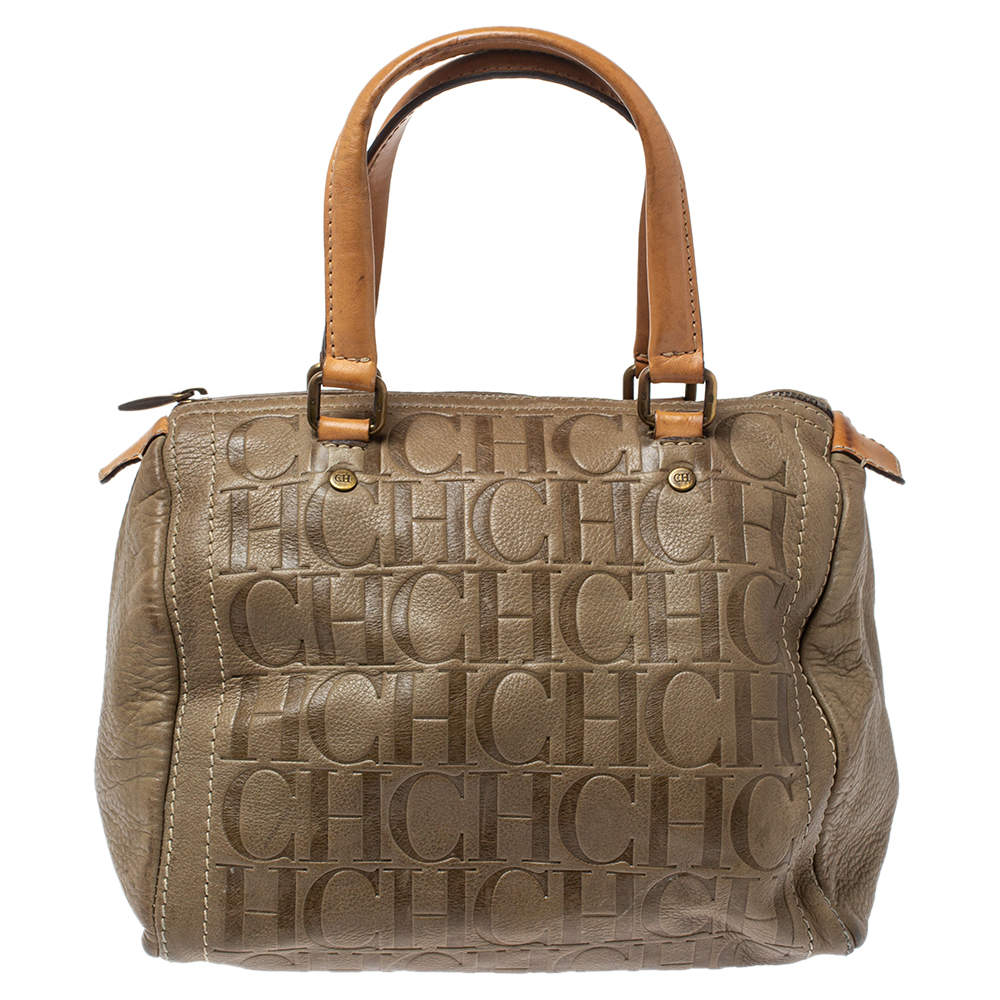 Pre Owned Carolina Herrera Olive Green/Beige Monogram Leather Andy Boston Bag