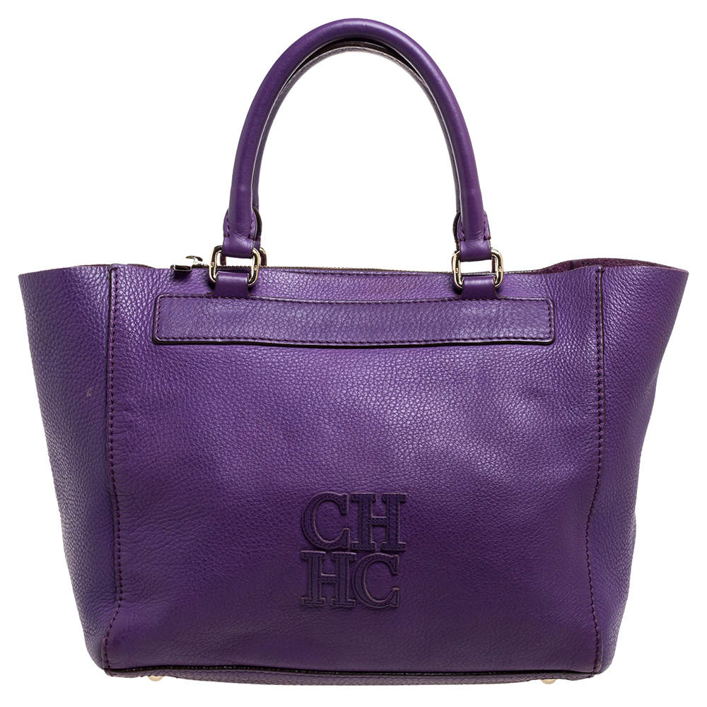 Pre Owned Carolina Herrera Purple Leather Top Zip Tote
