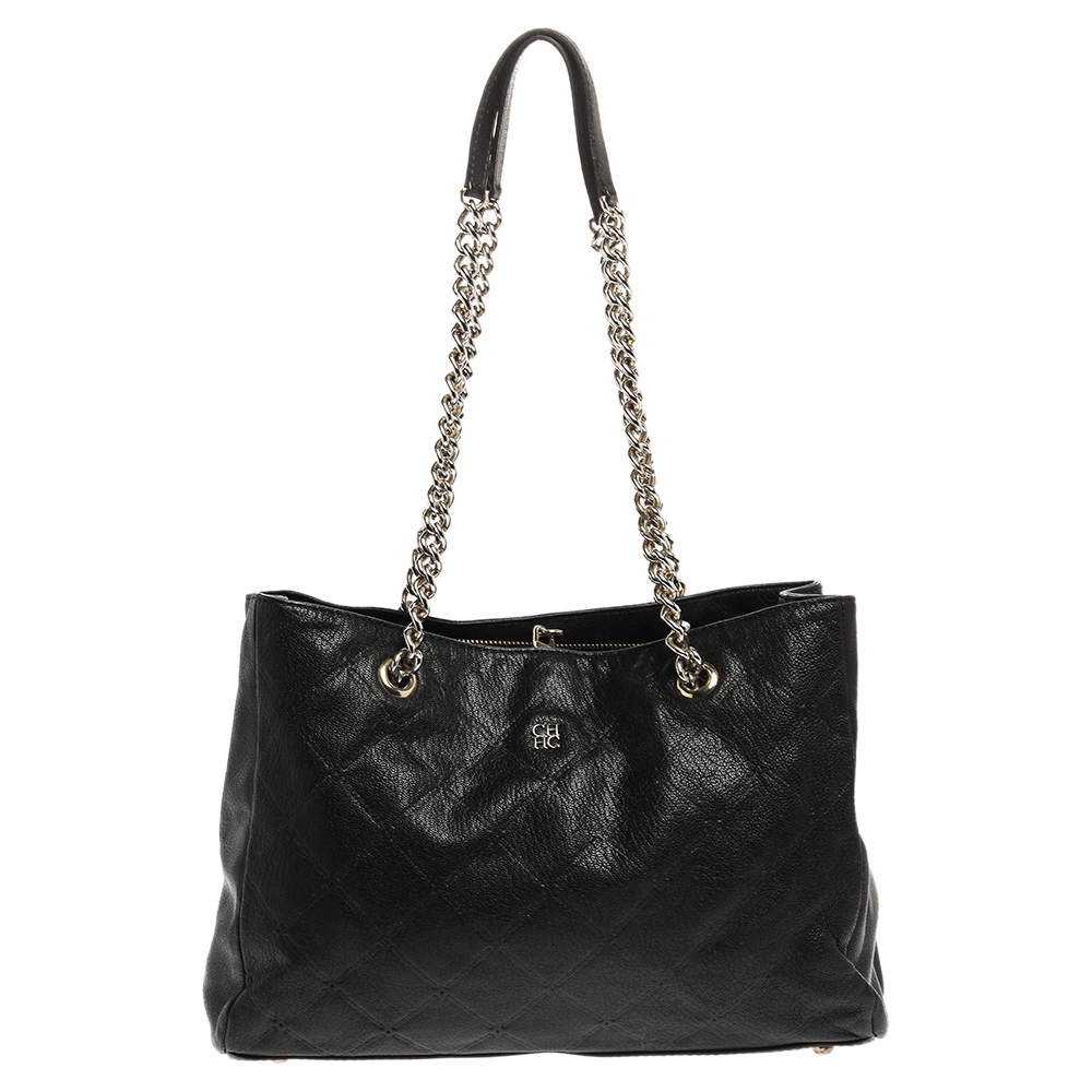 Pre Owned Carolina Herrera Black Leather Chain Shopper Tote