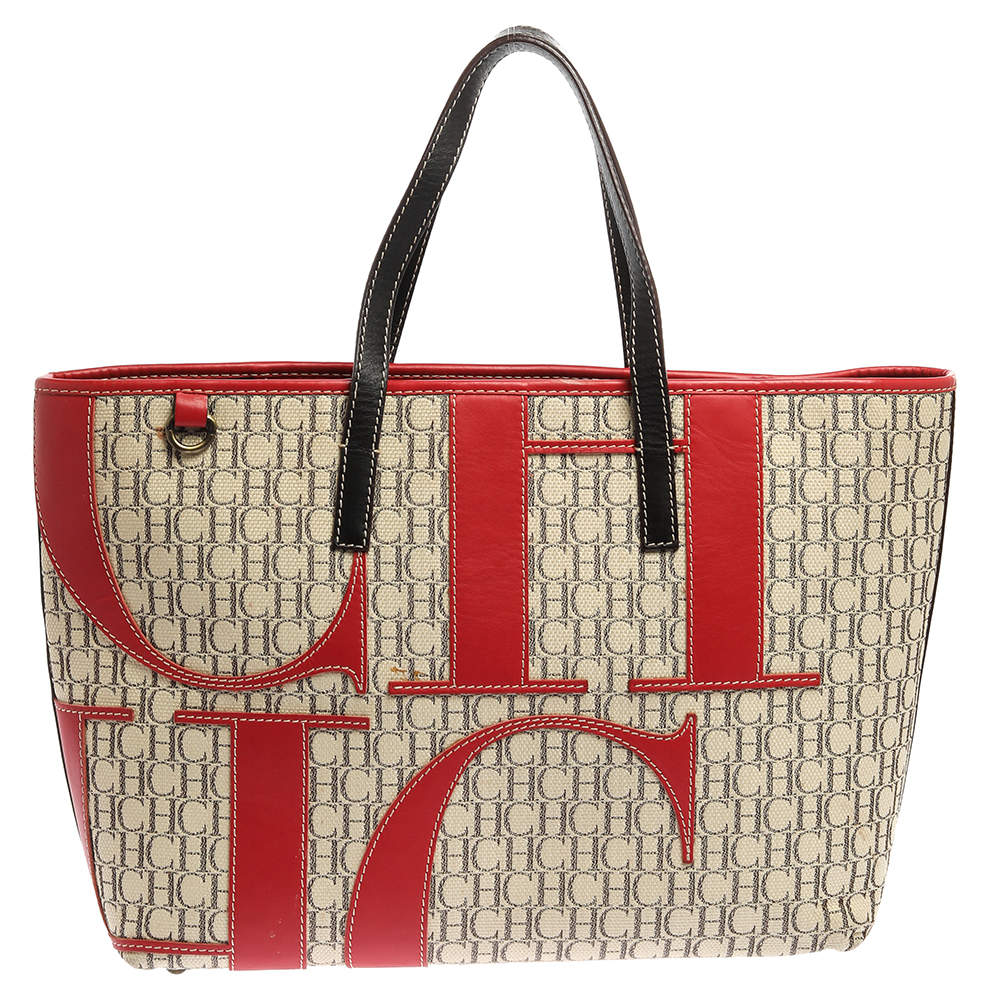 Pre Owned Carolina Herrera Multicolor Monogram Canvas and Leather Shopper Tote