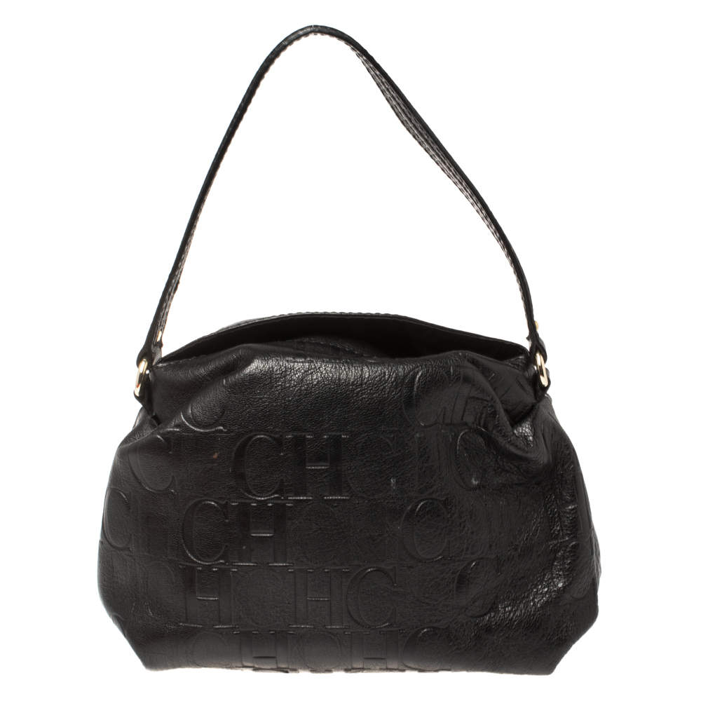 Pre Owned Carolina Herrera Black Monogram Leather Satchel