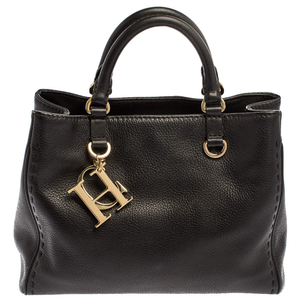 Pre Owned Carolina Herrera Black Leather Charm Tote